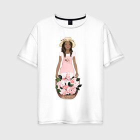 Женская футболка хлопок Oversize с принтом Девушка с корзиной тюльпанов , 100% хлопок | свободный крой, круглый ворот, спущенный рукав, длина до линии бедер
 | Тематика изображения на принте: 8 марта | dreams | всемирный женский день | цветы