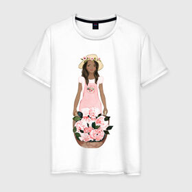 Мужская футболка хлопок с принтом Девушка с корзиной тюльпанов , 100% хлопок | прямой крой, круглый вырез горловины, длина до линии бедер, слегка спущенное плечо. | Тематика изображения на принте: 8 марта | dreams | всемирный женский день | цветы