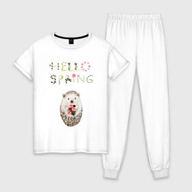 Женская пижама хлопок с принтом Hello Spring! , 100% хлопок | брюки и футболка прямого кроя, без карманов, на брюках мягкая резинка на поясе и по низу штанин | 8 марта | dreams | всемирный женский день | ежик | иголки | цветы