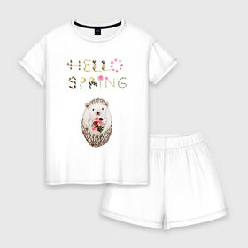 Женская пижама с шортиками хлопок с принтом Hello Spring! , 100% хлопок | футболка прямого кроя, шорты свободные с широкой мягкой резинкой | 8 марта | dreams | всемирный женский день | ежик | иголки | цветы