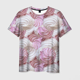Мужская футболка 3D с принтом Зефир белый и розовый , 100% полиэфир | прямой крой, круглый вырез горловины, длина до линии бедер | Тематика изображения на принте: валентинов день | влюбленные | зефир | любовь | пирожное | романтика | сладости