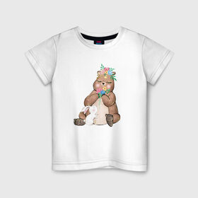 Детская футболка хлопок с принтом Медведица , 100% хлопок | круглый вырез горловины, полуприлегающий силуэт, длина до линии бедер | мама | медвежонок | цветы