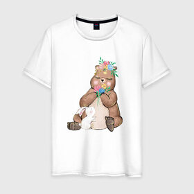 Мужская футболка хлопок с принтом Медведица , 100% хлопок | прямой крой, круглый вырез горловины, длина до линии бедер, слегка спущенное плечо. | Тематика изображения на принте: мама | медвежонок | цветы