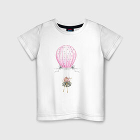 Детская футболка хлопок с принтом Девочка на воздушном шаре , 100% хлопок | круглый вырез горловины, полуприлегающий силуэт, длина до линии бедер | Тематика изображения на принте: 8 марта | dreams | всемирный женский день | цветы