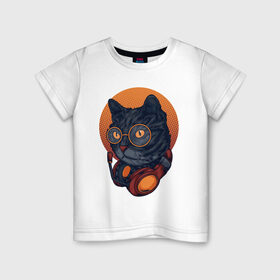 Детская футболка хлопок с принтом Кот с наушниками , 100% хлопок | круглый вырез горловины, полуприлегающий силуэт, длина до линии бедер | животные | закат | кот | музыка | наушники | очки | солнце | уши | хипстер