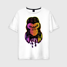 Женская футболка хлопок Oversize с принтом Горилла с наушниками , 100% хлопок | свободный крой, круглый ворот, спущенный рукав, длина до линии бедер
 | горилла | градиент | животные | злой | музыка | наушники | обезьяна | хипстер