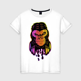 Женская футболка хлопок с принтом Горилла с наушниками , 100% хлопок | прямой крой, круглый вырез горловины, длина до линии бедер, слегка спущенное плечо | горилла | градиент | животные | злой | музыка | наушники | обезьяна | хипстер