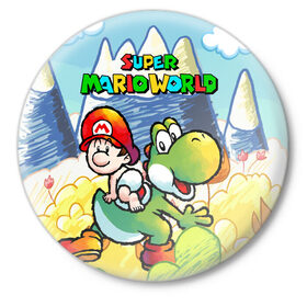 Значок с принтом Baby Mario ,  металл | круглая форма, металлическая застежка в виде булавки | 16 bit | 16 бит | geek | island | snes | yoshi | марио | ретро