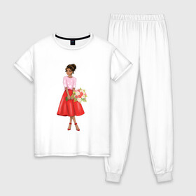 Женская пижама хлопок с принтом К свиданию готова! , 100% хлопок | брюки и футболка прямого кроя, без карманов, на брюках мягкая резинка на поясе и по низу штанин | букет | девушка | красный | цветы