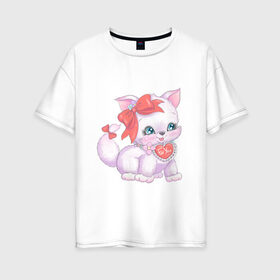 Женская футболка хлопок Oversize с принтом Котик , 100% хлопок | свободный крой, круглый ворот, спущенный рукав, длина до линии бедер
 | валентин | кот | любовь | сердечки