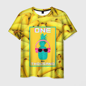 Мужская футболка 3D с принтом Крутой ананас , 100% полиэфир | прямой крой, круглый вырез горловины, длина до линии бедер | 3d | tegunvteg | ананас | бананы | бирюзовый | единственный | желтый | надпись | наушники | один | один на тысячу | одна на тысячу | очки | полная запечатка | розовый | самовыражение