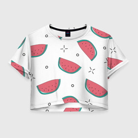 Женская футболка Crop-top 3D с принтом Нарисованный арбуз , 100% полиэстер | круглая горловина, длина футболки до линии талии, рукава с отворотами | арбуз | белый | вкусный | детский | еда | летний | нарисованный | паттерн | простой | узор