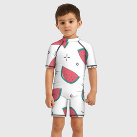Детский купальный костюм 3D с принтом Нарисованный арбуз , Полиэстер 85%, Спандекс 15% | застежка на молнии на спине | арбуз | белый | вкусный | детский | еда | летний | нарисованный | паттерн | простой | узор