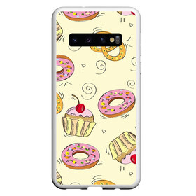 Чехол для Samsung Galaxy S10 с принтом Узор Сладости , Силикон | Область печати: задняя сторона чехла, без боковых панелей | детский | диета | желтый | капкейк | крендель | нарисованный | паттерн | пирожок | пончик | розовый | сладости | узор
