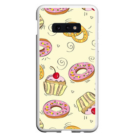 Чехол для Samsung S10E с принтом Узор Сладости , Силикон | Область печати: задняя сторона чехла, без боковых панелей | детский | диета | желтый | капкейк | крендель | нарисованный | паттерн | пирожок | пончик | розовый | сладости | узор