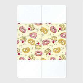 Магнитный плакат 2Х3 с принтом Узор Сладости , Полимерный материал с магнитным слоем | 6 деталей размером 9*9 см | Тематика изображения на принте: детский | диета | желтый | капкейк | крендель | нарисованный | паттерн | пирожок | пончик | розовый | сладости | узор