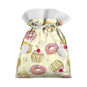 Подарочный 3D мешок с принтом Узор Сладости , 100% полиэстер | Размер: 29*39 см | Тематика изображения на принте: детский | диета | желтый | капкейк | крендель | нарисованный | паттерн | пирожок | пончик | розовый | сладости | узор