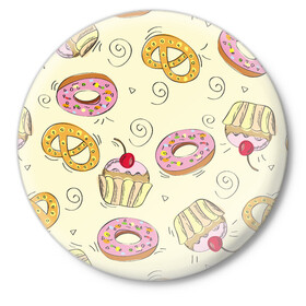 Значок с принтом Узор Сладости ,  металл | круглая форма, металлическая застежка в виде булавки | Тематика изображения на принте: детский | диета | желтый | капкейк | крендель | нарисованный | паттерн | пирожок | пончик | розовый | сладости | узор