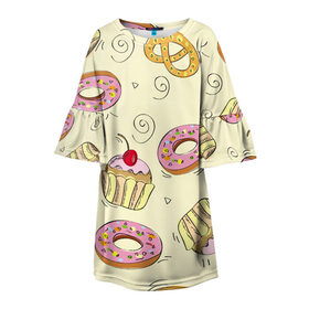Детское платье 3D с принтом Узор Сладости , 100% полиэстер | прямой силуэт, чуть расширенный к низу. Круглая горловина, на рукавах — воланы | детский | диета | желтый | капкейк | крендель | нарисованный | паттерн | пирожок | пончик | розовый | сладости | узор