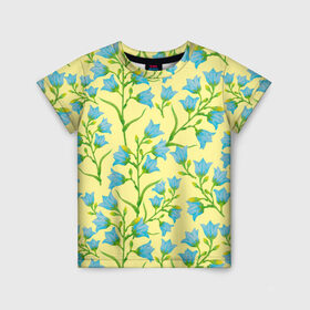 Детская футболка 3D с принтом Колокольчики на желтом фоне , 100% гипоаллергенный полиэфир | прямой крой, круглый вырез горловины, длина до линии бедер, чуть спущенное плечо, ткань немного тянется | 8 марта | flowers | summer | ботаническая иллюстрация | весна | желтый | зеленый | колокольчики | лето | любовь | праздник | принт | природа | растения | цветы