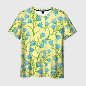 Мужская футболка 3D с принтом Колокольчики на желтом фоне , 100% полиэфир | прямой крой, круглый вырез горловины, длина до линии бедер | 8 марта | flowers | summer | ботаническая иллюстрация | весна | желтый | зеленый | колокольчики | лето | любовь | праздник | принт | природа | растения | цветы