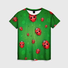 Женская футболка 3D с принтом БОЖЬИ КОРОВКИ , 100% полиэфир ( синтетическое хлопкоподобное полотно) | прямой крой, круглый вырез горловины, длина до линии бедер | tegunvteg | божьи | букашки | деревья | зеленый | коровки | лес | листья | насекомые | природа | пятна | тараканы