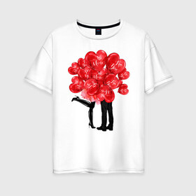 Женская футболка хлопок Oversize с принтом Парочка , 100% хлопок | свободный крой, круглый ворот, спущенный рукав, длина до линии бедер
 | влюбленность | мальчик | парные | сердце | шары