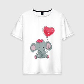 Женская футболка хлопок Oversize с принтом Влюбленный слоник , 100% хлопок | свободный крой, круглый ворот, спущенный рукав, длина до линии бедер
 | влюбленность | животные | мальчик | парные | сердце | слоник | шары