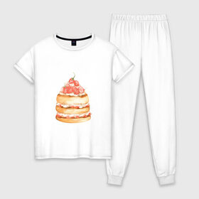 Женская пижама хлопок с принтом Панкейки , 100% хлопок | брюки и футболка прямого кроя, без карманов, на брюках мягкая резинка на поясе и по низу штанин | клубничка | сладости | тортик
