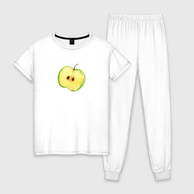 Женская пижама хлопок с принтом Яблочко , 100% хлопок | брюки и футболка прямого кроя, без карманов, на брюках мягкая резинка на поясе и по низу штанин | зеленое | фрукты | яблоко