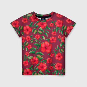 Детская футболка 3D с принтом Гибискусы на вишневом фоне , 100% гипоаллергенный полиэфир | прямой крой, круглый вырез горловины, длина до линии бедер, чуть спущенное плечо, ткань немного тянется | 8 марта | flowers | summer | ботаническая иллюстрация | весна | вишневый | гибискус | зеленый | красный | лето | любовь | праздник | принт | природа | растения | цветы