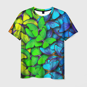 Мужская футболка 3D с принтом Радужные бабочки , 100% полиэфир | прямой крой, круглый вырез горловины, длина до линии бедер | Тематика изображения на принте: абстракция | бабочки | градиент | неон | природа | радуга | узор | фон | яркий узор