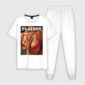 Мужская пижама хлопок с принтом PLAYBOY , 100% хлопок | брюки и футболка прямого кроя, без карманов, на брюках мягкая резинка на поясе и по низу штанин
 | playboy | девушка | любовь