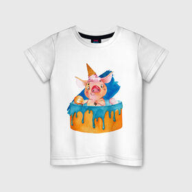 Детская футболка хлопок с принтом Свинка , 100% хлопок | круглый вырез горловины, полуприлегающий силуэт, длина до линии бедер | свинья | тортик | хрюшка