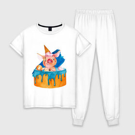 Женская пижама хлопок с принтом Свинка , 100% хлопок | брюки и футболка прямого кроя, без карманов, на брюках мягкая резинка на поясе и по низу штанин | свинья | тортик | хрюшка