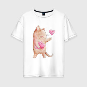 Женская футболка хлопок Oversize с принтом Влюбленный котик , 100% хлопок | свободный крой, круглый ворот, спущенный рукав, длина до линии бедер
 | 14 февраля | день святого валентина | котейко | котики | мурмурмур