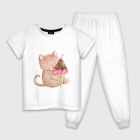 Детская пижама хлопок с принтом Котэйко с мороженкой , 100% хлопок |  брюки и футболка прямого кроя, без карманов, на брюках мягкая резинка на поясе и по низу штанин
 | Тематика изображения на принте: еда | котик | мороженка | рожок
