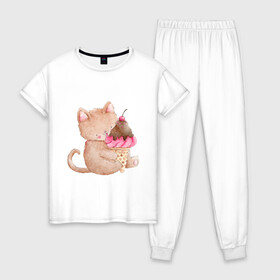 Женская пижама хлопок с принтом Котэйко с мороженкой , 100% хлопок | брюки и футболка прямого кроя, без карманов, на брюках мягкая резинка на поясе и по низу штанин | еда | котик | мороженка | рожок