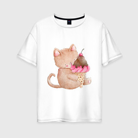 Женская футболка хлопок Oversize с принтом Котэйко с мороженкой , 100% хлопок | свободный крой, круглый ворот, спущенный рукав, длина до линии бедер
 | еда | котик | мороженка | рожок