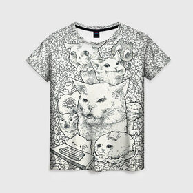 Женская футболка 3D с принтом Коты мемы кошки , 100% полиэфир ( синтетическое хлопкоподобное полотно) | прямой крой, круглый вырез горловины, длина до линии бедер | киса | киска | коты | кошечки | кошка | кошки | мем | мем кот и девушки | мем с котом | мем с кошкой | мемы