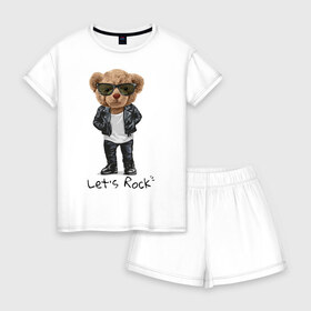Женская пижама с шортиками хлопок с принтом Мишка рокер , 100% хлопок | футболка прямого кроя, шорты свободные с широкой мягкой резинкой | lets | rock | джинсы | куртка | мишка | очки | плюшевый | рок | фраза