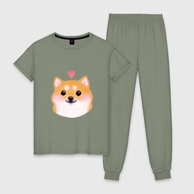 Женская пижама хлопок с принтом Сиба Ину , 100% хлопок | брюки и футболка прямого кроя, без карманов, на брюках мягкая резинка на поясе и по низу штанин | милый щенок | пес с сердчечком | песик | сиба ину | собака