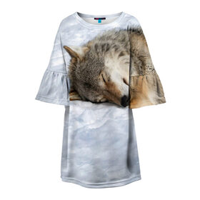 Детское платье 3D с принтом Спящий Волк , 100% полиэстер | прямой силуэт, чуть расширенный к низу. Круглая горловина, на рукавах — воланы | animals | wolf | волк | волки | животные | звери | зверь | одиночество | одиночка | пёс | собака | спящий волк
