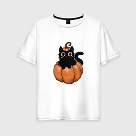 Женская футболка хлопок Oversize с принтом Кот в тыкве , 100% хлопок | свободный крой, круглый ворот, спущенный рукав, длина до линии бедер
 | котик в тыкве | кошка | милый котенок | тыква | хеллоуин | черный кот