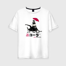 Женская футболка хлопок Oversize с принтом Cyberpunk 2077 Nicola drink , 100% хлопок | свободный крой, круглый ворот, спущенный рукав, длина до линии бедер
 | bug | cyberpunk 2077 | drink | girl | japan | nicola