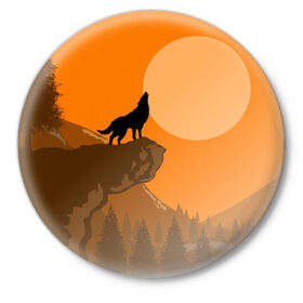 Значок с принтом Оранжевый закат ,  металл | круглая форма, металлическая застежка в виде булавки | animals | wolf | волк | волки | животные | звери | зверь | луна | одиночество | одиночка | пёс | собака
