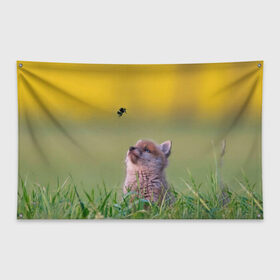Флаг-баннер с принтом Лисенок и пчелка , 100% полиэстер | размер 67 х 109 см, плотность ткани — 95 г/м2; по краям флага есть четыре люверса для крепления | fox | foxy | животное | звери | лиса | лисенок | лисичка | милая | рыжая | фокс