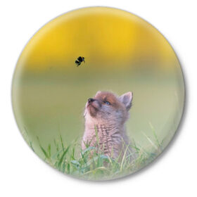 Значок с принтом Лисенок и пчелка ,  металл | круглая форма, металлическая застежка в виде булавки | Тематика изображения на принте: fox | foxy | животное | звери | лиса | лисенок | лисичка | милая | рыжая | фокс