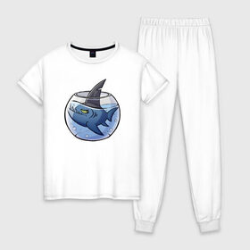 Женская пижама хлопок с принтом Акула в аквариуме , 100% хлопок | брюки и футболка прямого кроя, без карманов, на брюках мягкая резинка на поясе и по низу штанин | fish | аквариум | акула | рыба