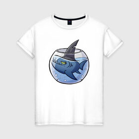 Женская футболка хлопок с принтом Акула в аквариуме , 100% хлопок | прямой крой, круглый вырез горловины, длина до линии бедер, слегка спущенное плечо | fish | аквариум | акула | рыба